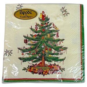 Spode Christmas Tree Napkins Green Trim Square Beverage Napkin Set 16 USA